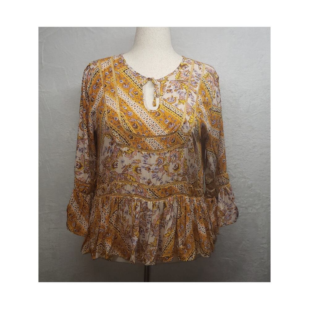 Jaase Mustard Floral Peplum Blouse Women L Boho Whimsigoth Prairie Folk Top